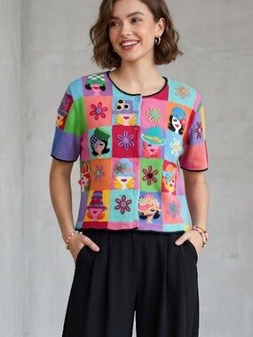 Michael Simon Vintage Embroidered Patchwork 3D faces hats cardigan‎ top size L